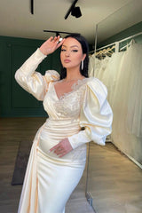Champagne Mermaid Prom Dress Puff Long Sleeve Formal Dress With Lace Appliques