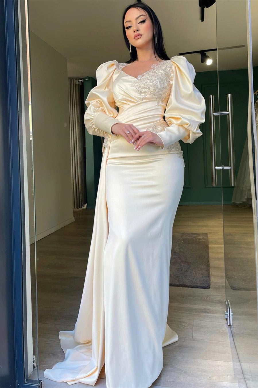 Champagne Mermaid Prom Dress Puff Long Sleeve Formal Dress With Lace Appliques