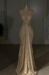 Champagne Mermaid Prom Dress Sleeveless Halter Neck Sequined Formal Dress