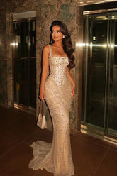 Champagne Mermaid Prom Dress Sleeveless Square Neck Beaded Formal Dress