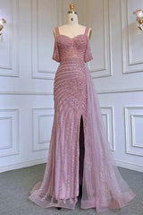 Champagne Mermaid Prom Dress Straps Beaded Formal Dress