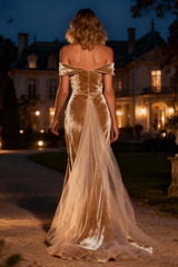 Champagne Mermaid Velvet Off The Shoulder Long Holiday Party Dress With Cape