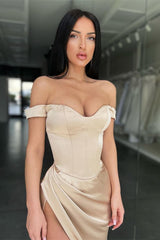 Champagne Off The Shoulder Long Mermaid Evening Dress with Split