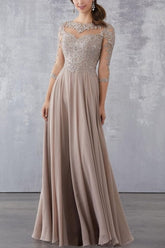 Champagne Prom Dress A Line Crew Beaded Lace Illusion Half Sleeves Floor Length Chiffon Formal Dress