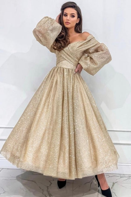 Champagne Prom Dress A Line Off The Shoulder Sleeves Formal Dress With Glitter
