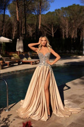 Champagne Prom Dress A Line Sleeveless Lace Satin Formal Dress With Slit