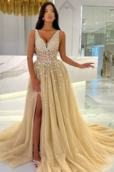 Champagne Prom Dress A Line Sleeveless V Neck Beaded Sweep Train Tulle Formal Dress With Slit