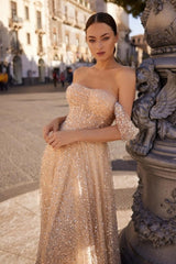 Champagne Prom Dress A Line Strapless Off The Shoulder Sleeveless Sequined Tulle Formal Dress