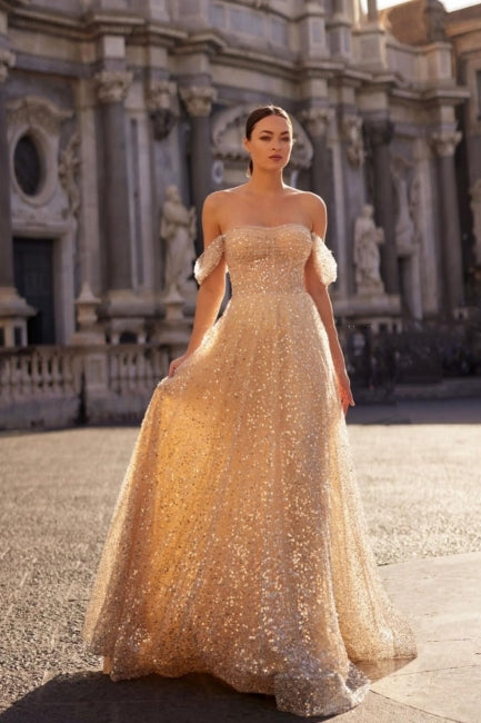 Champagne Prom Dress A Line Strapless Off The Shoulder Sleeveless Sequined Tulle Formal Dress