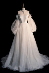 Champagne Prom Dress A Line Tulle Long Sleeves Formal Evening Dress