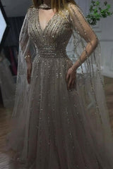 Champagne Prom Dress A Line V Neck Beaded Sequined Illusion Sleeves Floor Length Tulle Formal Dress