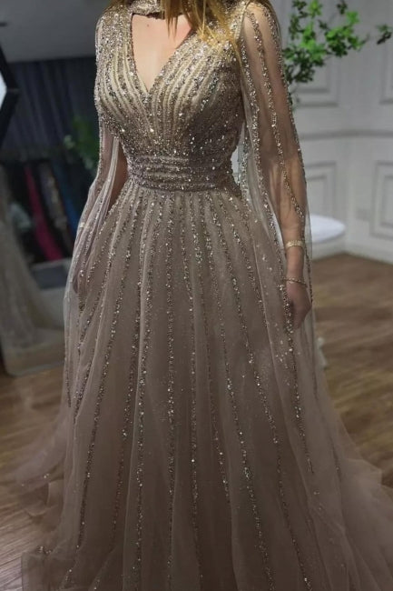 Champagne Prom Dress A Line V Neck Beaded Sequined Illusion Sleeves Floor Length Tulle Formal Dress