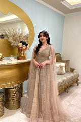 Champagne Prom Dress A Line V Neck Sequined Illusion Sleeves Floor Length Tulle Formal Dress