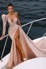 Champagne Prom Dress Asymmetrical One Shoulder Sequined Sleeves Panel Train Tulle Formal Dress With Slit
