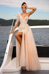 Champagne Prom Dress Asymmetrical One Shoulder Sequined Sleeves Panel Train Tulle Formal Dress With Slit