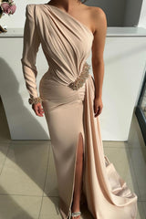 Champagne Prom Dress Column One Shoulder Beaded Sleeve Panel Train Satin Formal Dress With Slit