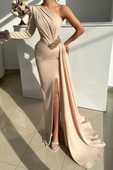 Champagne Prom Dress Column One Shoulder Beaded Sleeve Panel Train Satin Formal Dress With Slit