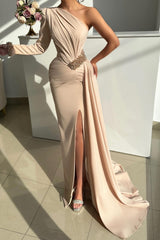 Champagne Prom Dress Column One Shoulder Beaded Sleeve Panel Train Satin Formal Dress With Slit