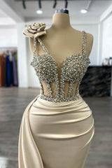 Champagne Prom Dress Column Spaghetti Strap Sweetheart Sleeveless Panel Train Satin Formal Dress With Rhinestones