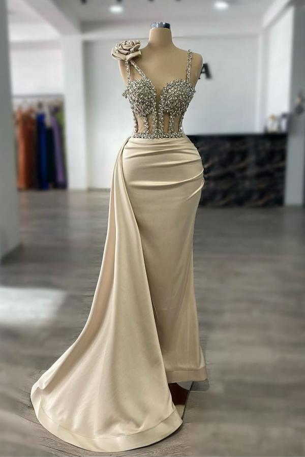 Champagne Prom Dress Column Spaghetti Strap Sweetheart Sleeveless Panel Train Satin Formal Dress With Rhinestones
