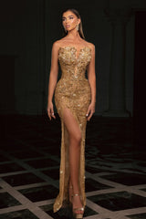 Champagne Prom Dress Column Strapless Sleeveless Beaded Slit Tulle Formal Dress With Rhinestone