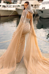 Champagne Prom Dress Column Strapless Sweetheart Sleeveless Sequined Tulle Formal Dress