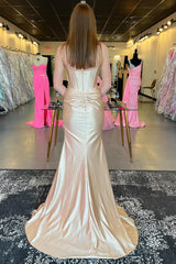 Champagne Prom Dress Corset Mermaid Long Formal Dress With Slit