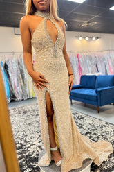 Champagne Prom Dress Keyhole Mermaid Long Beaded Formal Dress With Slit