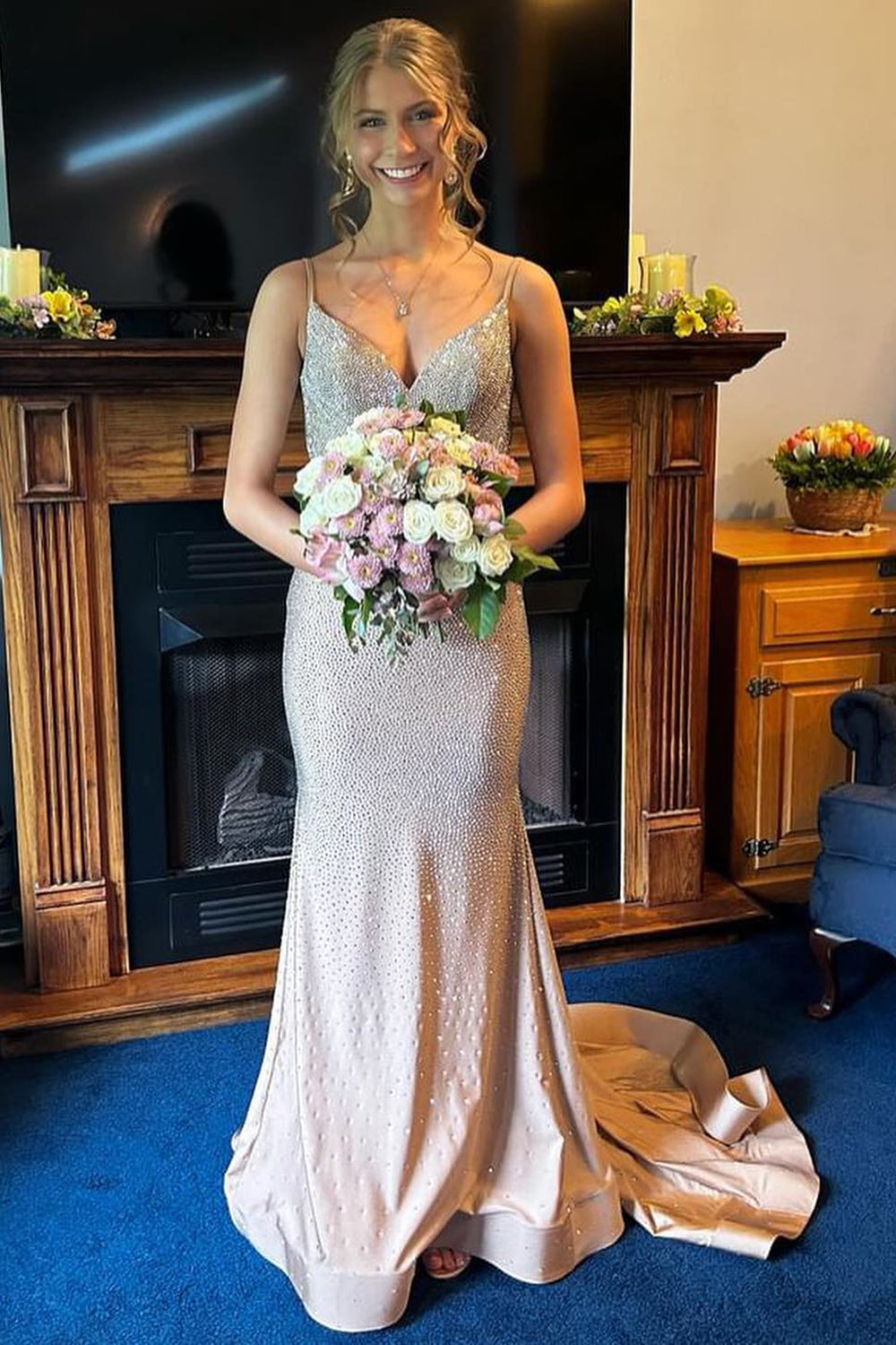 Champagne Prom Dress Mermaid Beaded Long Formal Dress