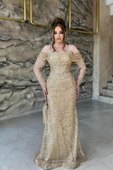 Champagne Prom Dress Mermaid Off The Shoulder Spaghetti Strap Sleeves Sequined Tulle Formal Dress With Pearls