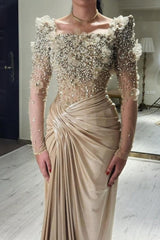 Champagne Prom Dress Mermaid Square Beaded Sleeve Satin Formal Dress With Pearls And Handmake Flowers