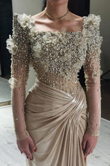 Champagne Prom Dress Mermaid Square Beaded Sleeve Satin Formal Dress With Pearls And Handmake Flowers
