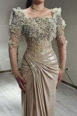 Champagne Prom Dress Mermaid Square Beaded Sleeve Satin Formal Dress With Pearls And Handmake Flowers