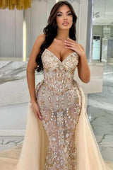Champagne Prom Dress Mermaid Strapless Lace Glitter Formal Dress With Detachable Train