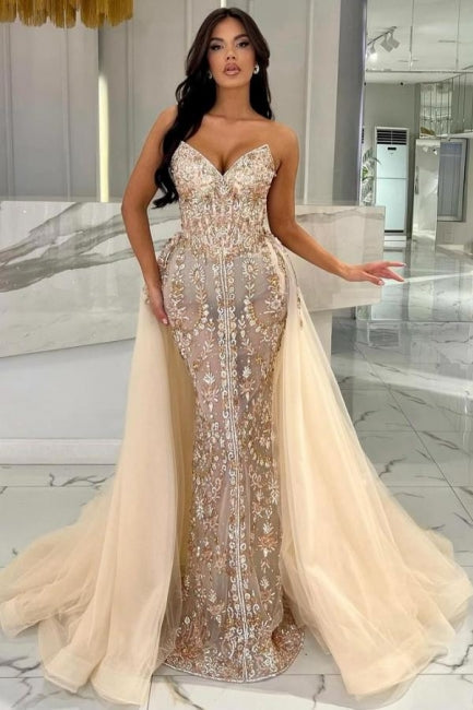 Champagne Prom Dress Mermaid Strapless Lace Glitter Formal Dress With Detachable Train