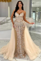Champagne Prom Dress Mermaid Strapless Lace Glitter Formal Dress With Detachable Train