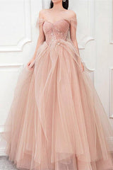 Champagne Prom Dress Off the Shoulder Tulle Lace Long Formal Dress Evening Dress