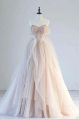 Champagne Prom Dress Off the Shoulder Tulle Lace Long Formal Dress Evening Dress