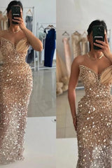 Champagne Prom Dress Sequined Beads Sleeveless Formal Dress