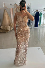Champagne Prom Dress Sequined Beads Sleeveless Formal Dress