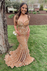 Champagne Prom Dress Spaghetti Straps Sequins Mermaid Evening Dress