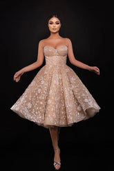Champagne Prom Dress Sweetheart A Line Sequined Sleeveless Knee Length Tulle Formal Dress With Appliques