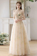 Champagne Prom Dress Tulle Lace Long A Line Formal Evening Dress