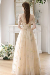 Champagne Prom Dress Tulle Lace Long A Line Formal Evening Dress