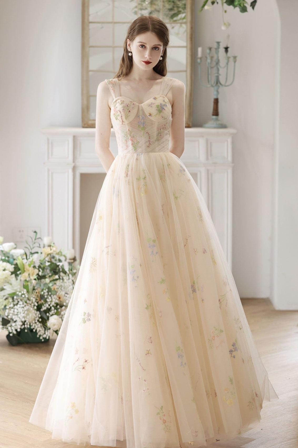Champagne Prom Dress Tulle Lace Long A Line Formal Evening Dress