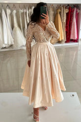 Champagne Prom Dress V Neck Ankle Length Sleeves Draped Satin Formal Dress With Sequins