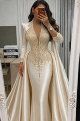 Champagne Satin Mermaid Prom Dress with Plunging V Neck and Beaded Fringe