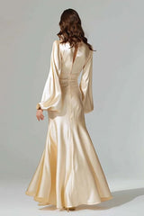 Champagne Satin Mermaid V-Neck Long Prom Dress With Sleeves