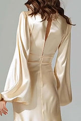 Champagne Satin Mermaid V-Neck Long Prom Dress With Sleeves
