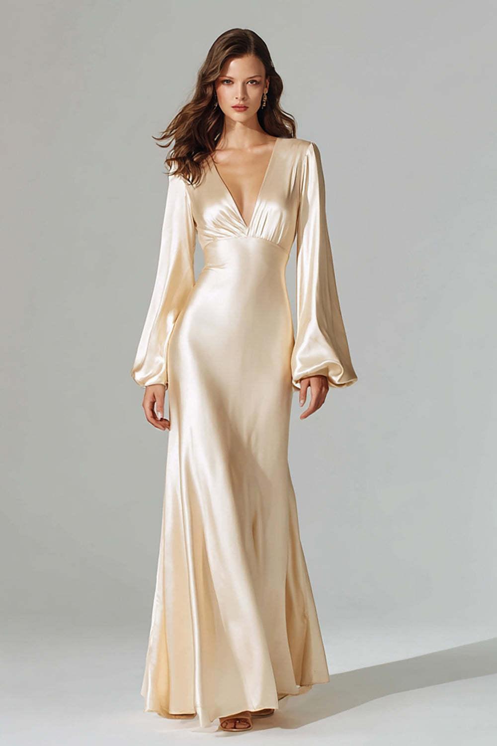 Champagne Satin Mermaid V-Neck Long Prom Dress With Sleeves